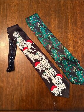 Lot of 2 Holiday Novelty Ties - Dalmatian & Tree Designs in Black, Green, Red